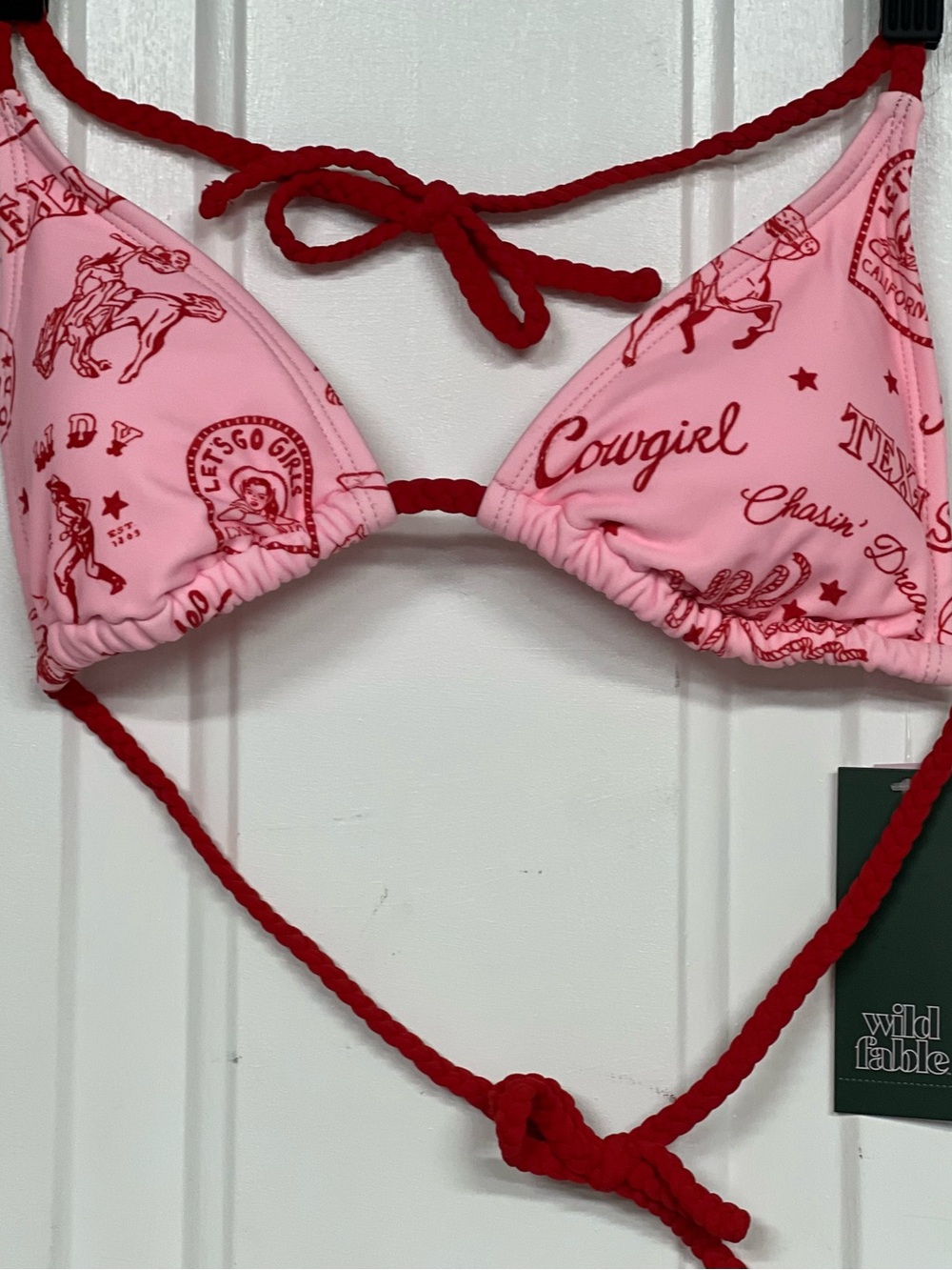 Cowgirl Print Triangle Bikini Top with Red Ties